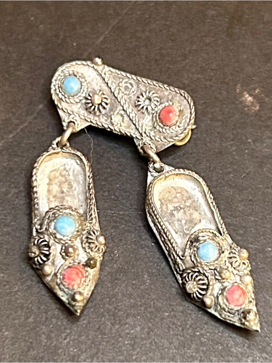 Antique Jewelry - Antique Vintage Deco 900 Sterling Silver Turquoise, Shoe Pin Brooch 4.2 g